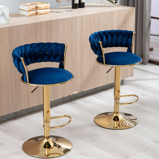 Set of 2 Bar Stools, with Chrome Footrest and Base Swivel Height Adjustable Mechanical Lifting Velvet + Golden Leg Simple Bar Stool-blue