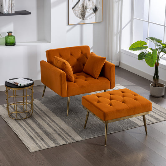 36.61" Wide Modern Accent Chair With 3 Positions Adjustable Backrest, Tufted Chaise Lounge Chair, Single Recliner Armchair With Ottoman And Gold Legs For Living Room, Bedroom (Orange)