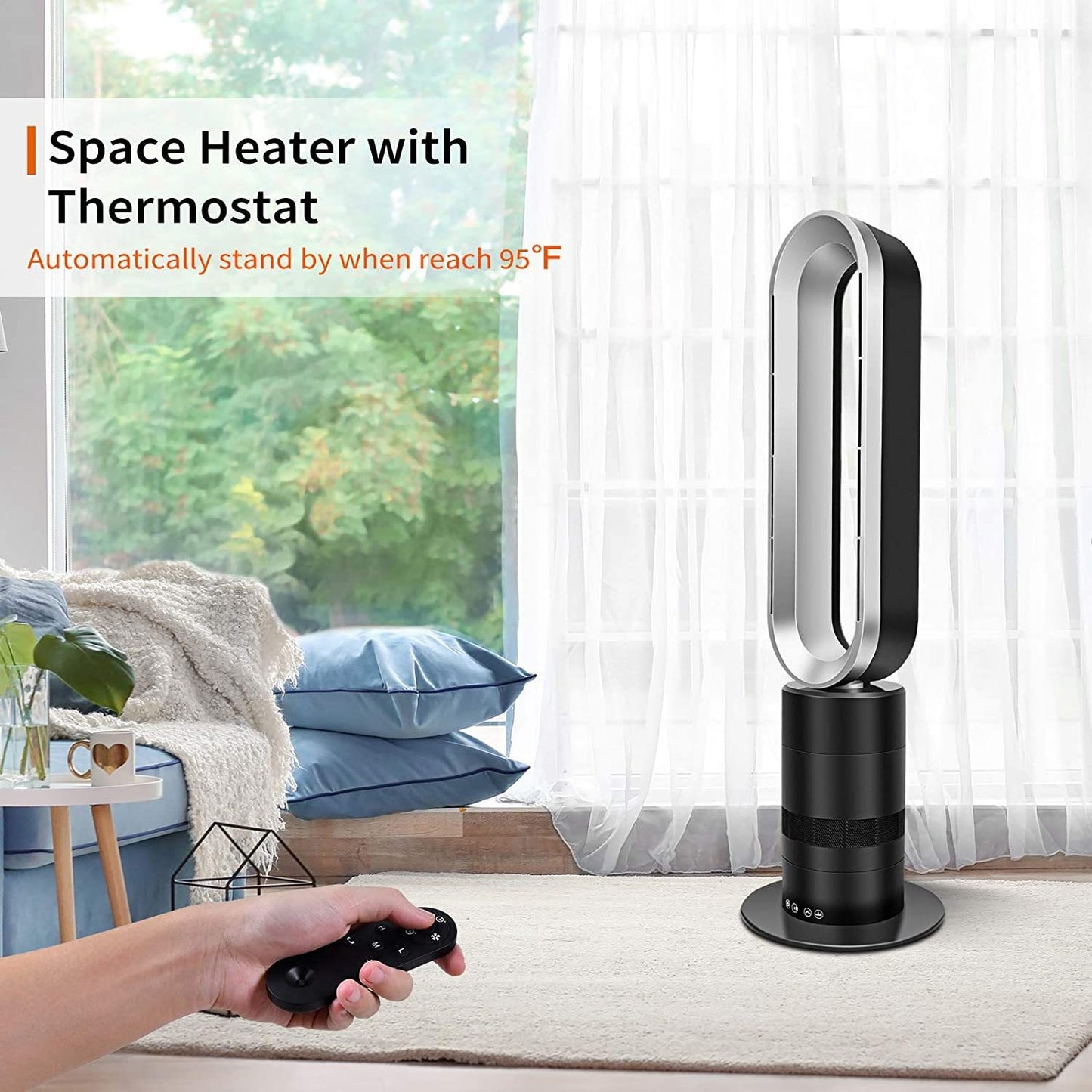 32-inch Space Heater Bladeless Tower Fan, Heater & Fan Combo, 9H Timer 10 Speeds with Remote Control, Air Circulator Fan for Home Air Conditioner, Black & Grey