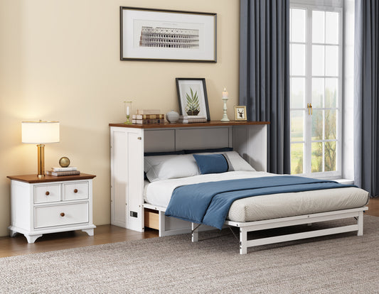 2 Pieces Wooden Bedroom Set Queen Murphy Bed and Nightstand, White+Walnut