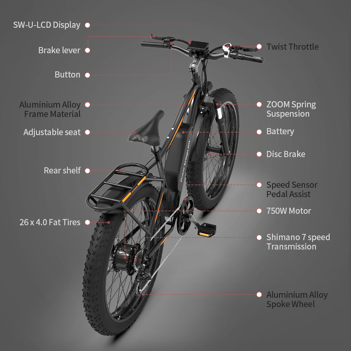 S07-B 26" 750W Electric Bike Fat Tire P7 48V 13AH Removable Lithium Battery for Adults with Detachable Rear Rack Fender (Black)