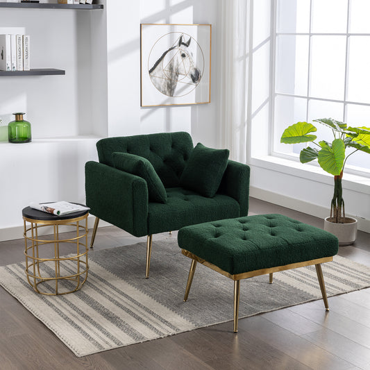 36.61" Wide Modern Accent Chair With 3 Positions Adjustable Backrest, Tufted Chaise Lounge Chair, Single Recliner Armchair With Ottoman And Gold Legs For Living Room, Bedroom (Green)