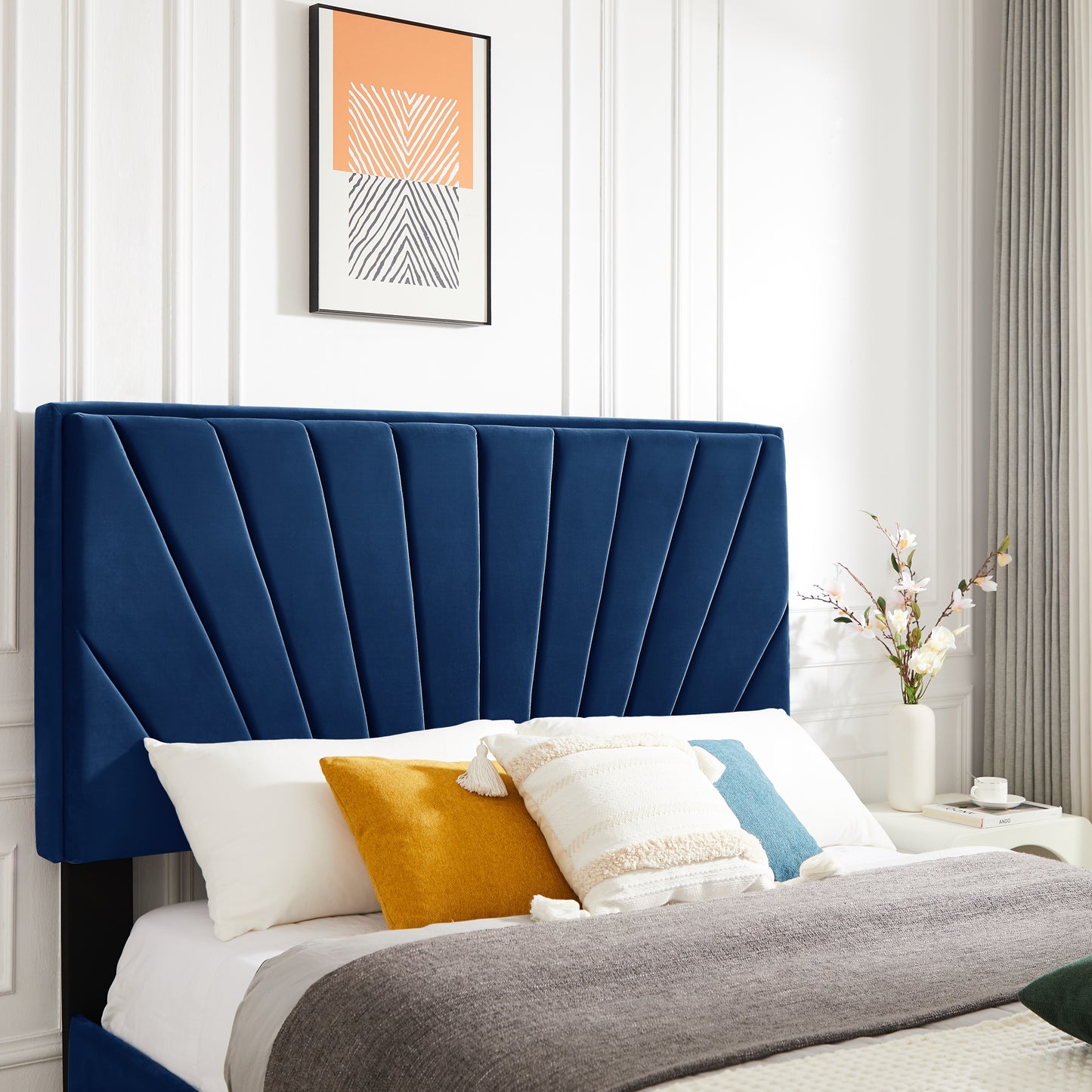 Queen bed with two nightstands, Beautiful line stripe cushion headboard, strong wooden slats + metal legs with Electroplate