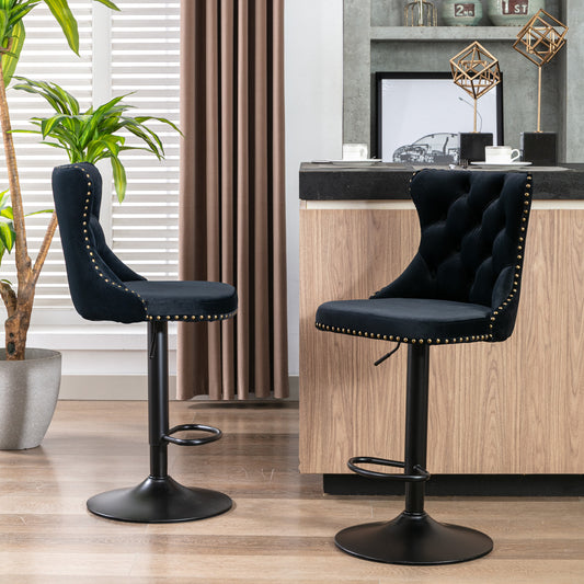 Swivel Velvet Barstools Adjusatble Seat Height from 25-33 Inch, Modern Upholstered Bar Stools with Backs Comfortable Tufted for Home Pub and Kitchen Island (Black, Set of 2)