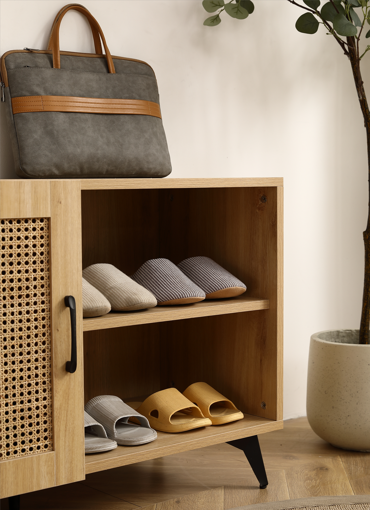 Modern Shoe-Storage Cabinet with Natural Rattan Mesh Door and Solid Wooden Handle 39.37inch