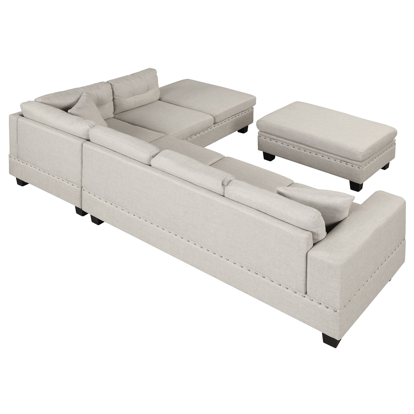 Modern Sectional Sofa with Storage Ottoman, L-Shape Couch with 2 Pillows and Cup Holder, Sectional Sofa with Reversible Chaise for Living Room, Light Gray