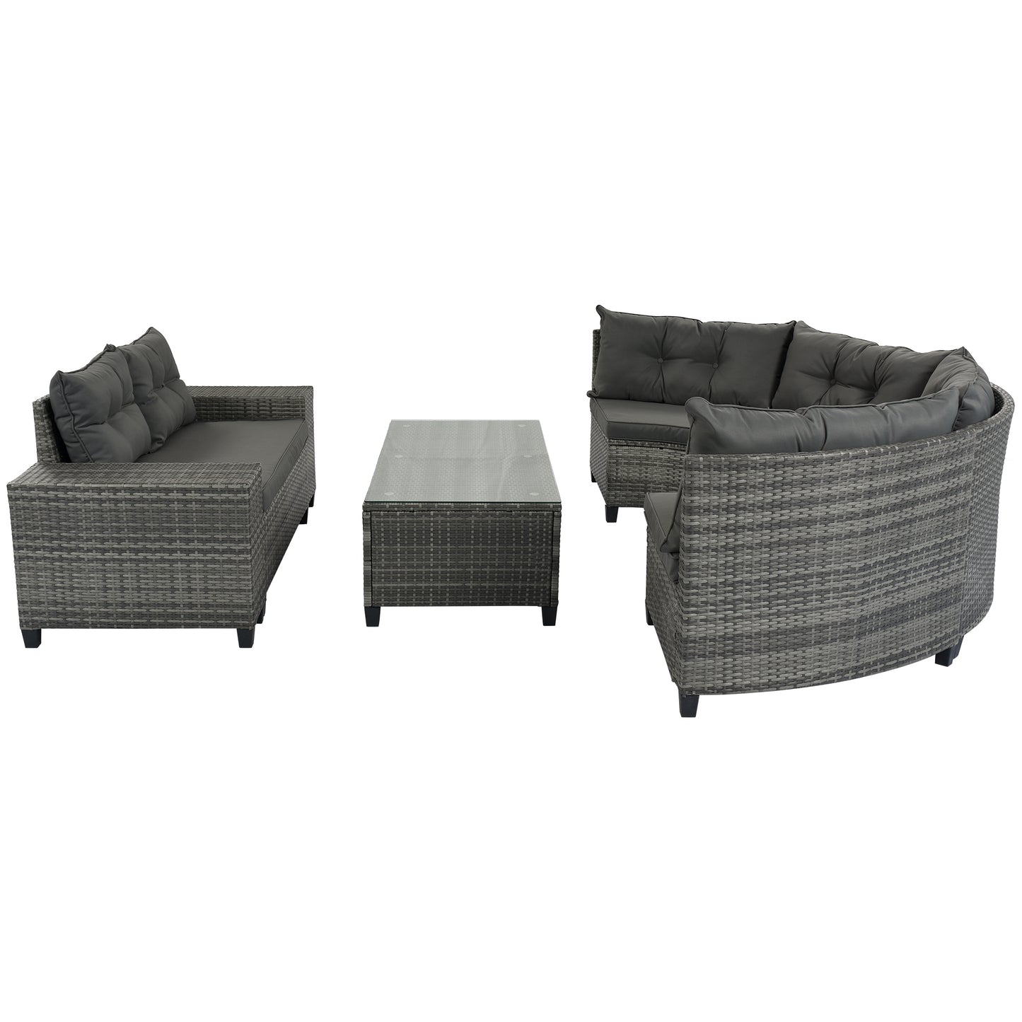 8-pieces Outdoor Wicker Round Sofa Set, Half-Moon Sectional Sets All Weather, Curved Sofa Set With Rectangular Coffee Table, PE Rattan Water-resistant and UV Protected, Movable Cushion, Gray