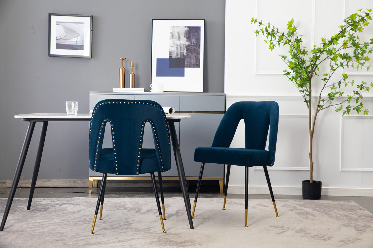 Akoya Collection Modern Contemporary Velvet Upholstered Dining Chair with Nailheads and Gold Tipped Black Metal Legs, Blue, Set of 2