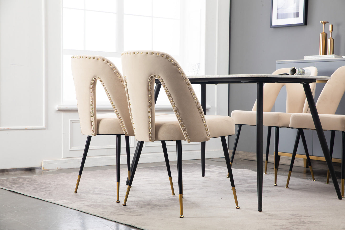 Akoya Collection Modern Contemporary Velvet Upholstered Dining Chair with Nailheads and Gold Tipped Black Metal Legs, Beige, Set of 2