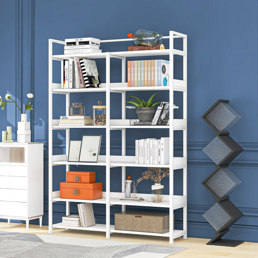 70.8 Inch Tall Bookshelf MDF Boards Stainless Steel Frame, 6-tier Shelves with Back&Side Panel, Adjustable Foot Pads, White
