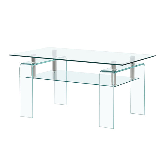 Rectangle Clear Glass Coffee Table, Modern Glass Coffee Table for Living Room, 2-Tier Storage Center Coffee Table, Tempered Glass Tea Table