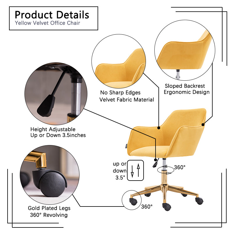 Modern Velvet Yellow Material Adjustable Height 360 Revolving Home Office Chair With Gold Metal Legs And Universal Wheel For Indoor