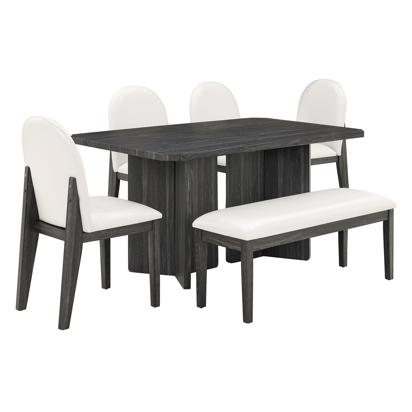 Modern 6 piece dinner set including dining table, dining chairs, 4 chairs and a bench, 60 inch dining table easy to assemble