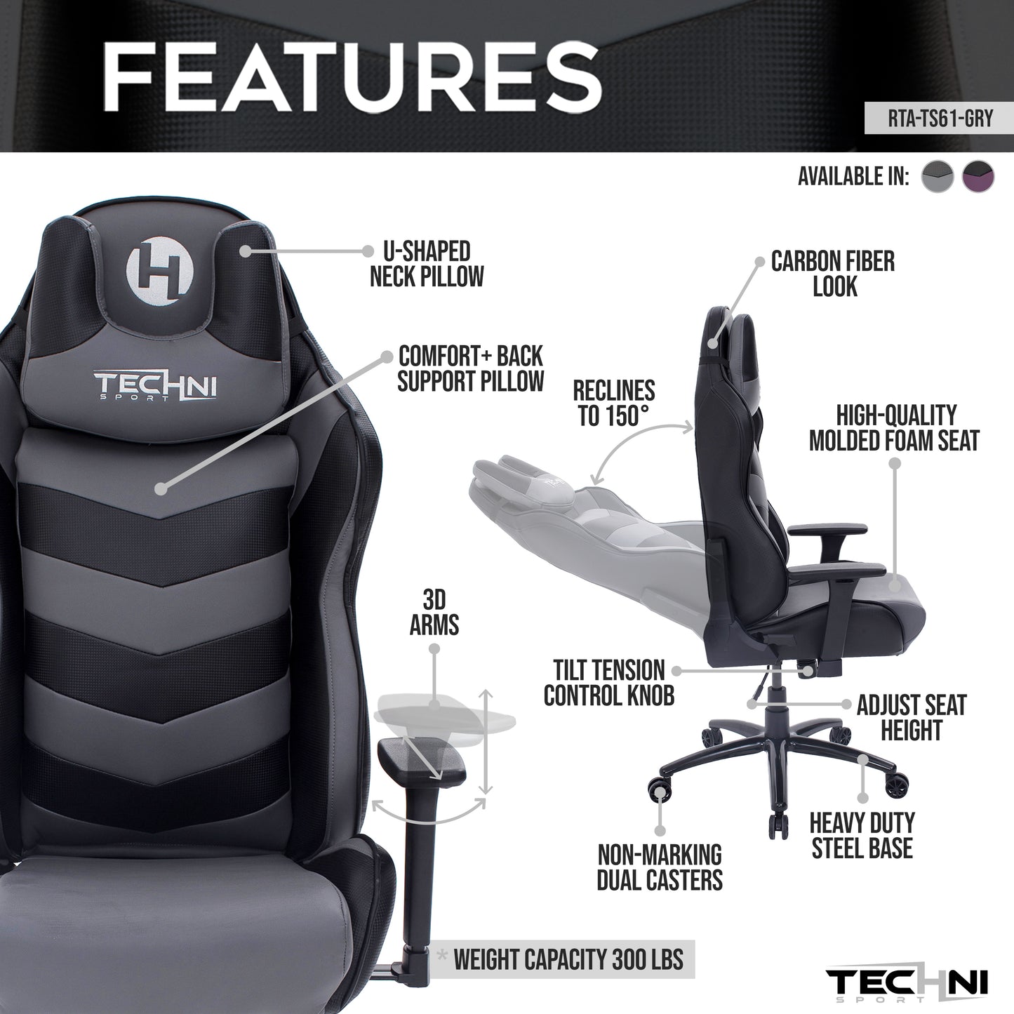 TS-61 Ergonomic High Back Racer Style Video Gaming Chair, Grey/Black