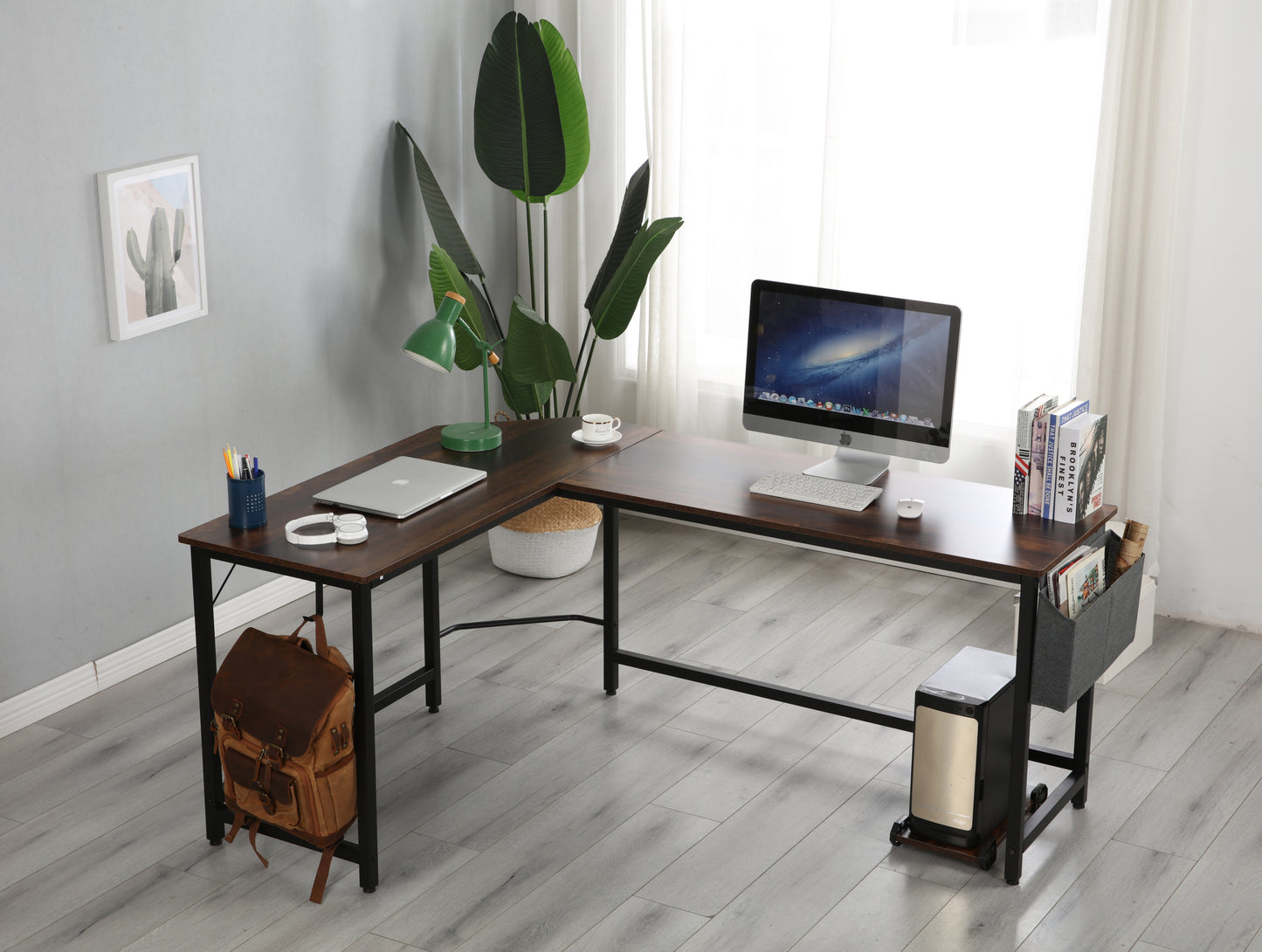 Modern Design L-Shaped Desk Corner Computer Desk PC laptop Computer Table Study Desk Home Office Wood & Metal Pella Oak