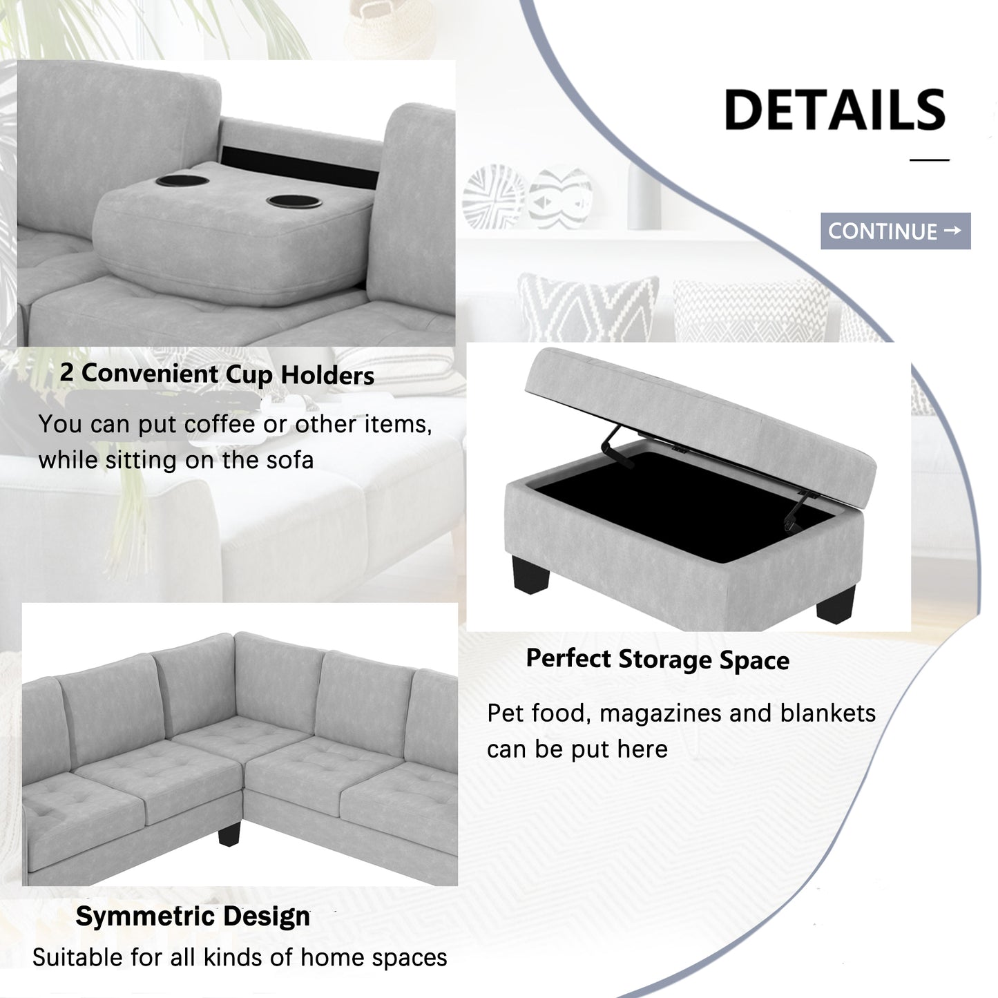 Sectional Corner Sofa L-shape Couch Space Saving with Storage Ottoman & Cup Holders Design for Large Space Dorm Apartment