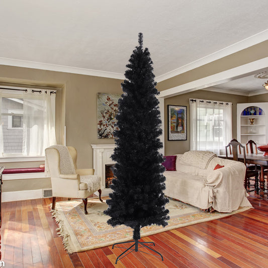 7.5FT Black Slim Artificial Christmas Tree Includes Foldable Metal Stand