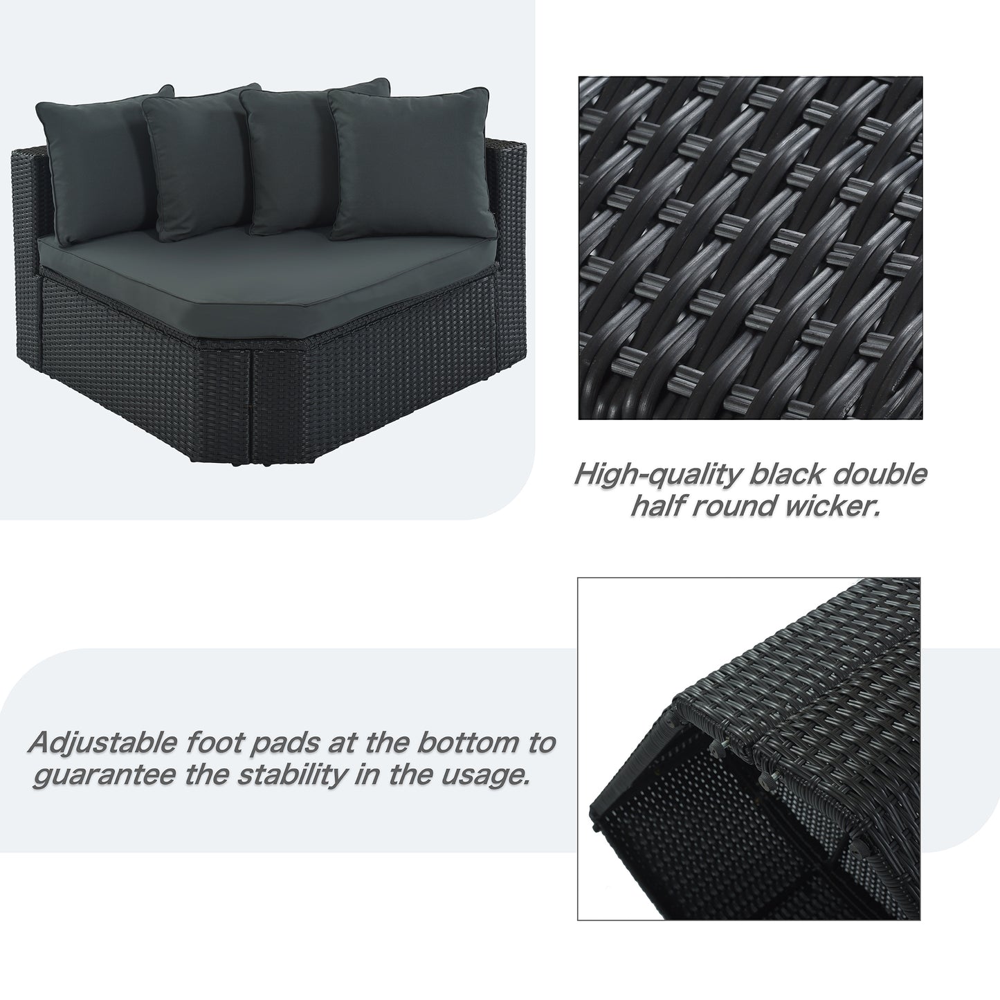 7-piece Outdoor Wicker Sofa Set, Rattan Sofa Lounger, With Striped Green Pillows, Conversation Sofa, For Patio, Garden, Deck, Black Wicker, Gray Cushion