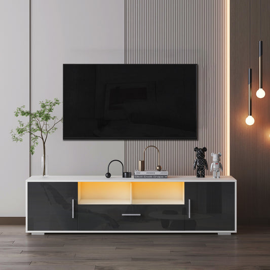 20 minutes quick assemble WHITE+GRAY modern TV Stand with LED Lights, high glossy front TV Cabinet, can be assembled in Lounge Room, Living Room or Bedroom, color:WHITE+Dark Grey