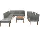 9-Piece Outdoor Patio Garden Wicker Sofa Set, Gray PE Rattan Sofa Set, with Wood Legs, Acacia Wood Tabletop, Armrest Chairs with Gray Cushions