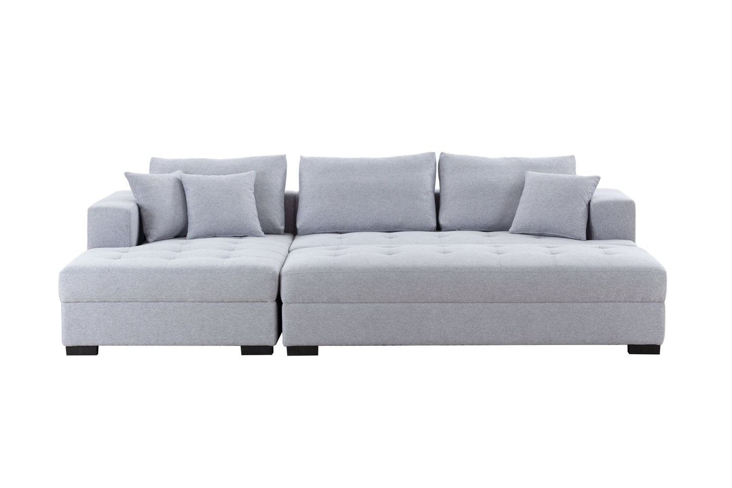 Tufted Fabric 3-Seat L-Shape Sectional Sofa Couch Set w/Chaise Lounge, Ottoman Coffee Table Bench, Light Grey