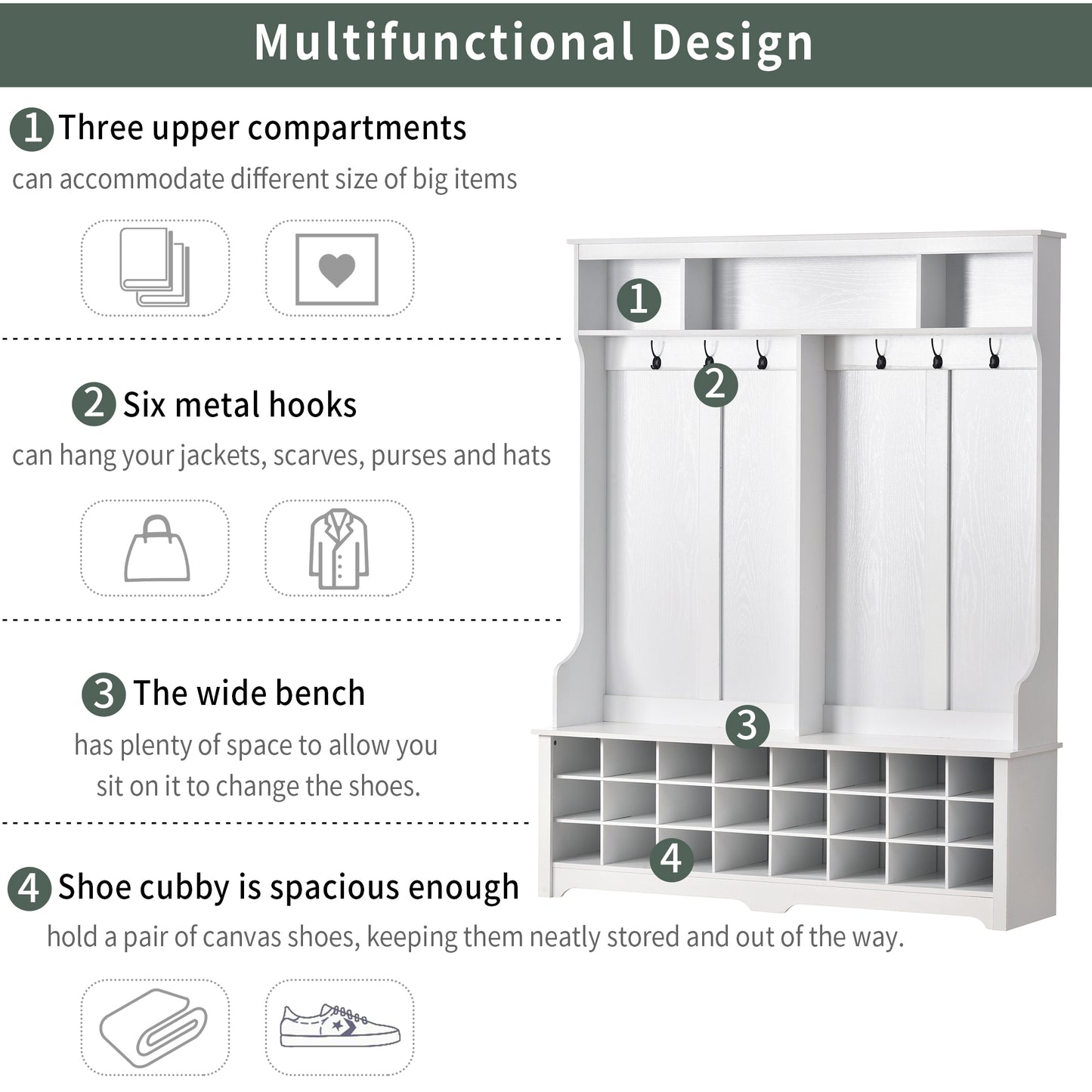 Modern Style Multiple Functions Hallway Coat Rack with Metal Black Hooks, Entryway Bench 60" Wide Hall Tree with Ample Storage Space and 24 Shoe Cubbies, White (