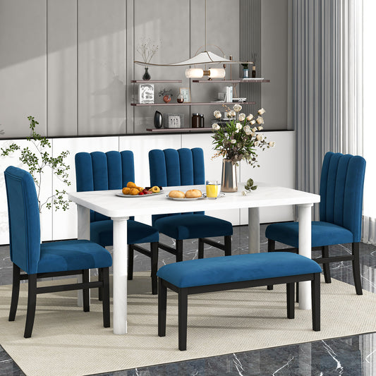 6-Piece Dining Table Set with Marble Veneer Table and 4 Flannelette Upholstered Dining Chairs & Bench (White+Blue)