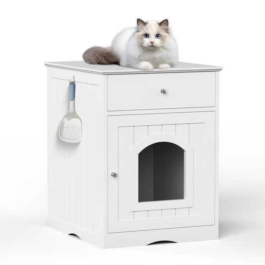 Wooden Pet House Cat Litter Box Enclosure with Drawer, Side Table, Indoor Pet Crate, Cat Home Nightstand (White)
