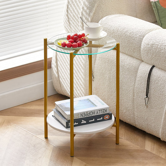 2-layer End Table with Tempered Glass and Marble Tabletop, Round Coffee Table with Golden Metal Frame for Bedroom Living Room Office (1 piece)