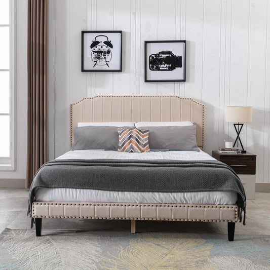 DongHeng Queen Size Bed with Headboard, Modern Linen Curved Upholstered Platform Bed, Solid Wood Frame, Nailhead Trim, Beige