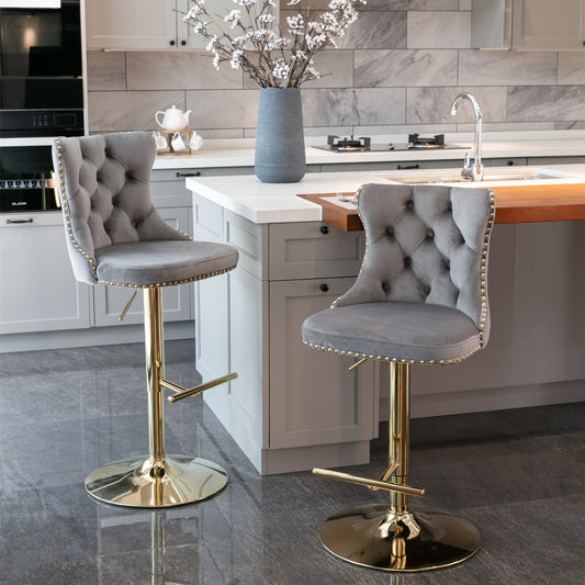 Golden Swivel Velvet Barstools Adjusatble Seat Height from 25-33 Inch, Modern Upholstered Bar Stools with Backs Comfortable Tufted for Home Pub and Kitchen IslandGray, Set of 2)