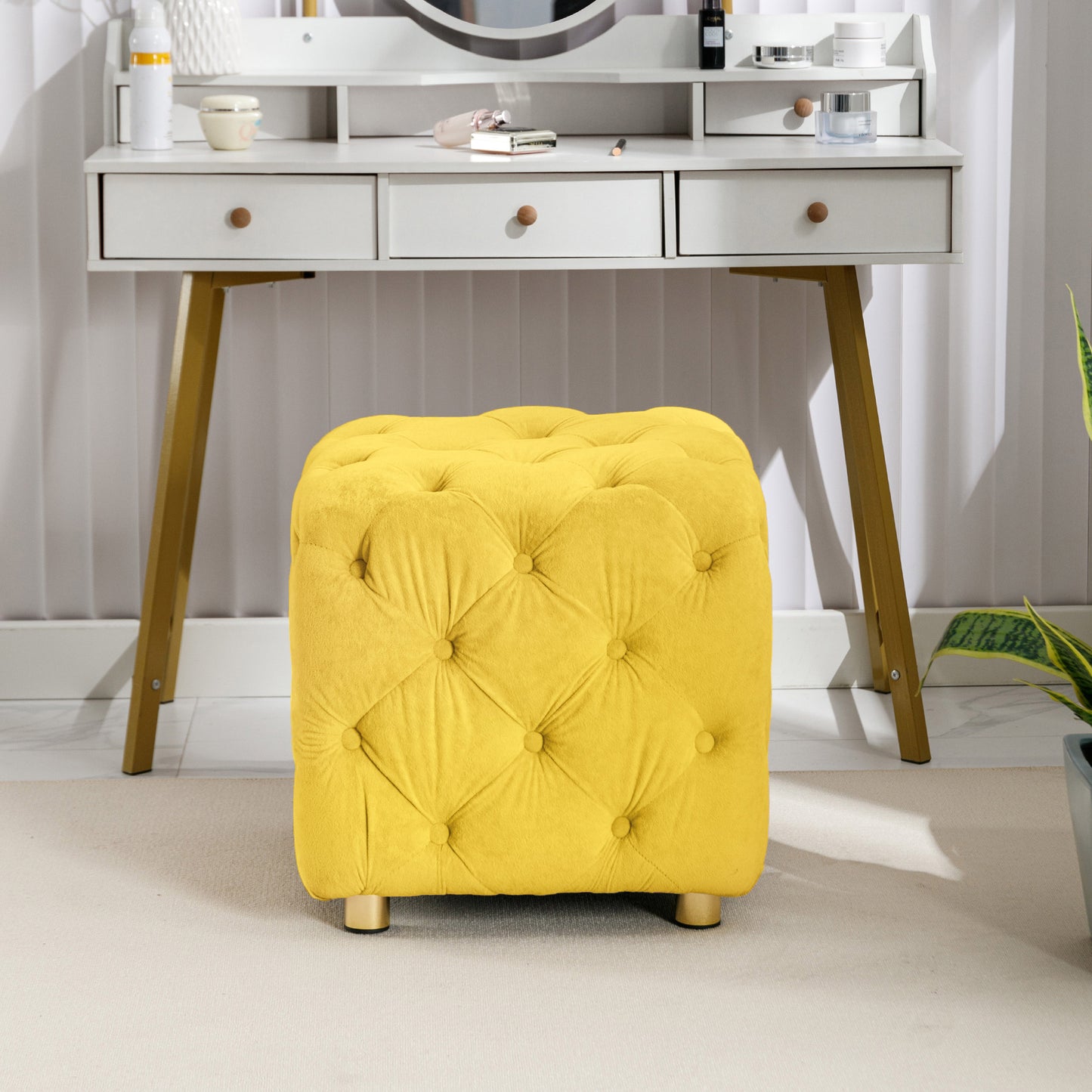 Yellow Modern Velvet Upholstered Ottoman, Exquisite Small End Table, Soft Foot Stool, Dressing Makeup Chair, Comfortable Seat for Living Room, Bedroom, Entrance