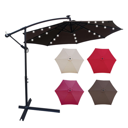 10 ft Outdoor Patio Umbrella Solar Powered LED Lighted Sun Shade Market Waterproof 8 Ribs Umbrella with Crank and Base for Garden Deck Backyard Pool