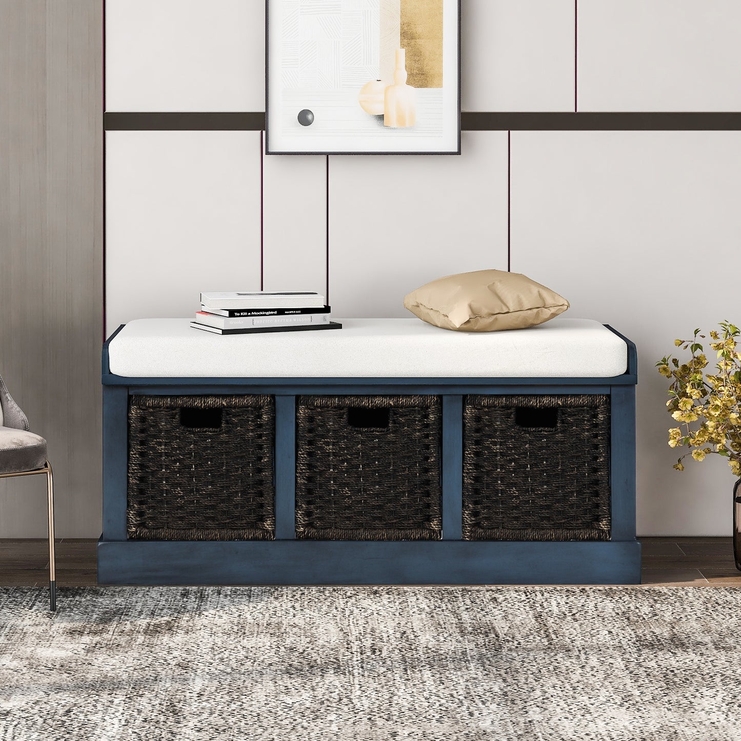 Rustic Storage Bench with 3 Removable Classic Rattan Basket, Entryway Bench with Removable Cushion (Antique Navy)