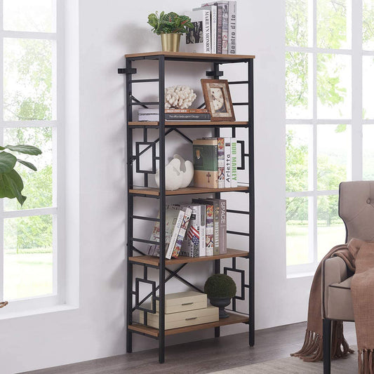 Industrial Open Bookcase, 5-Tier Tall Bookshelf Storage Display Rack for Home Office, Rustic Brown