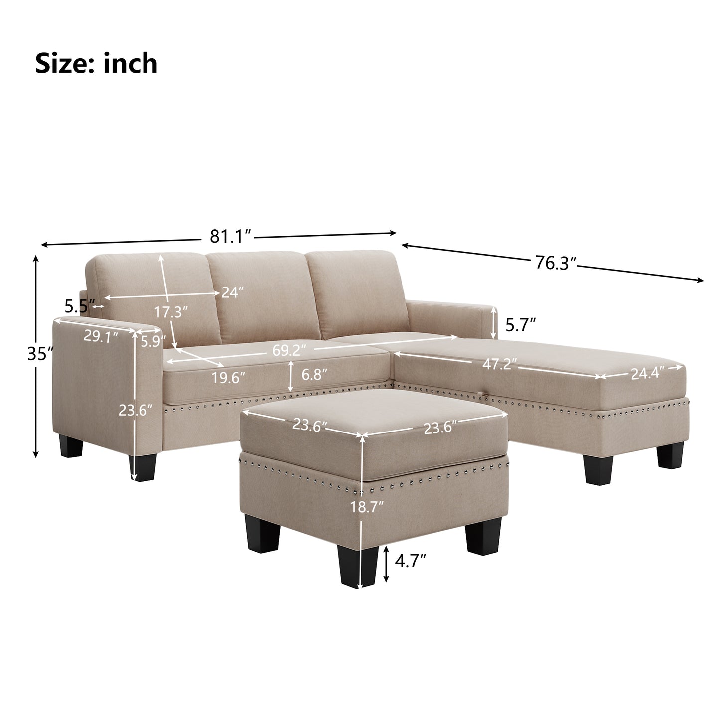 81.1x76.3x35" Nailheaded Textured Fabric 3 pieces Sofa Set, L Sectional Sofa with Ottoman, Reversible Storage Chaise, Warm Grey
