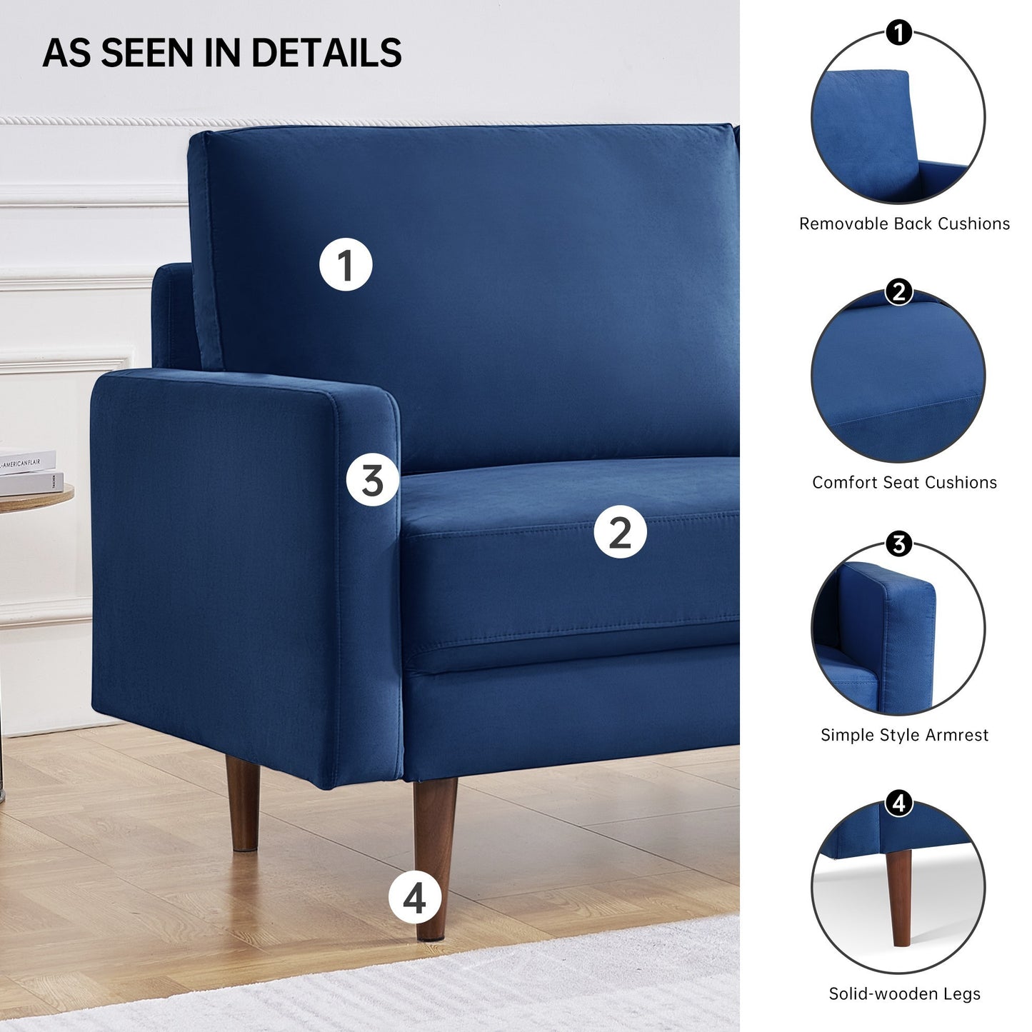 57.1" Modern Decor Upholstered Sofa Furniture, Wide Velvet Fabric Loveseat Couch, Solid Wooden Frame with Padded Cushion - Blue