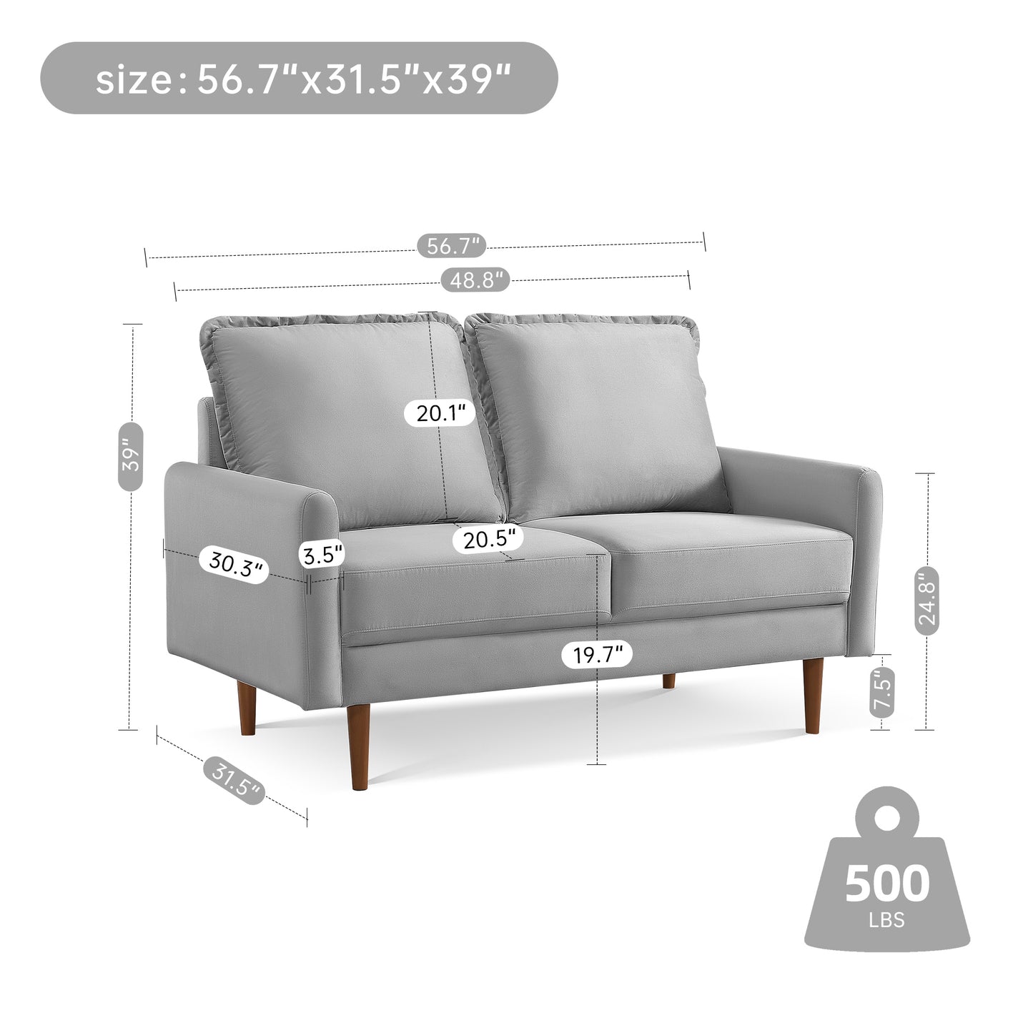 57.1" Upholstered Velvet Sofa Couch, Modern Craftsmanship Seat with 3-Seater Cushions & Track Square Armrest - Grey
