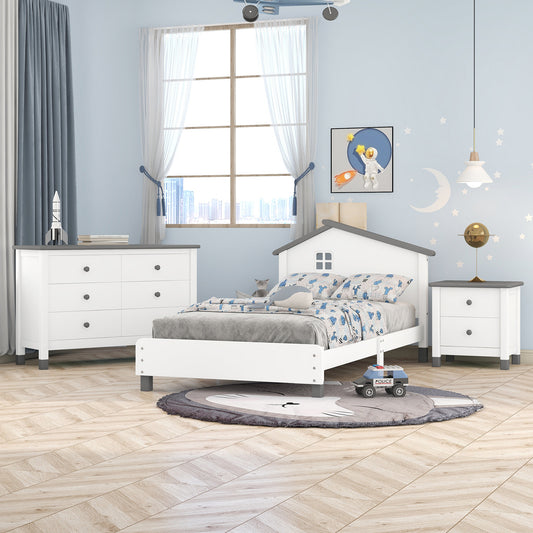 3-Pieces Bedroom Sets Twin Size Platform Bed with Nightstand and Storage dresser, White+Gray