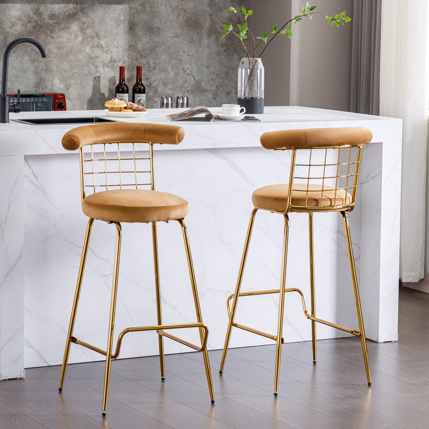 Bar Stool Set of 2, Luxury Velvet High Bar Stool with Metal Legs and Soft Back, Pub Stool Chairs Armless Modern Kitchen High Dining Chairs with Metal Legs, Camel