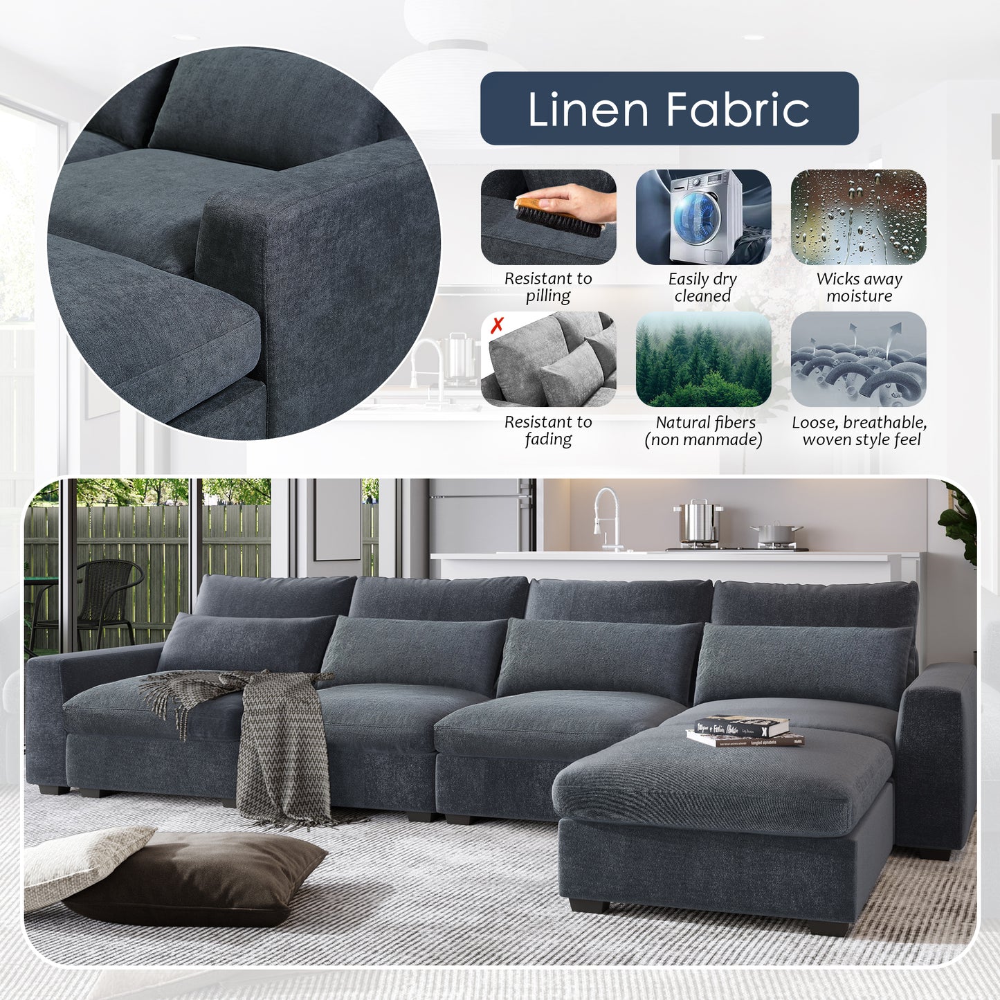 Modern Large L-Shape Feather Filled Sectional Sofa, Convertible Sofa Couch with Reversible Chaise for Living Room