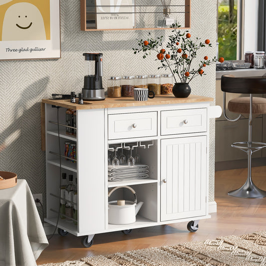 Kitchen Island with Power Outlet,Kitchen Storage Island with Drop Leaf and Rubber Wood,Open Storage and Wine Rack,5 Wheels,with Adjustable Storage for Home, Kitchen, and Dining Room,White