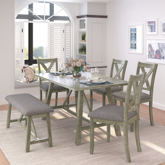6 Piece Dining Table Set Wood Dining Table and chair Kitchen Table Set with Table, Bench and 4 Chairs, Rustic Style, Gray (No Difference with SH000109AAE)