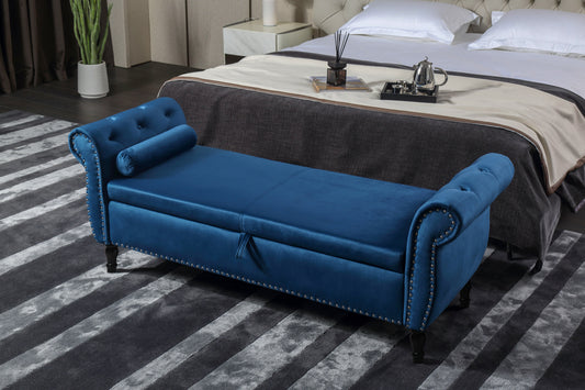 63" Velvet Multifunctional Storage Bench Rectangular Sofa Stool Buttons Tufted Nailhead Trimmed Ottoman Solid Wood Legs with 1 Pillow, Blue