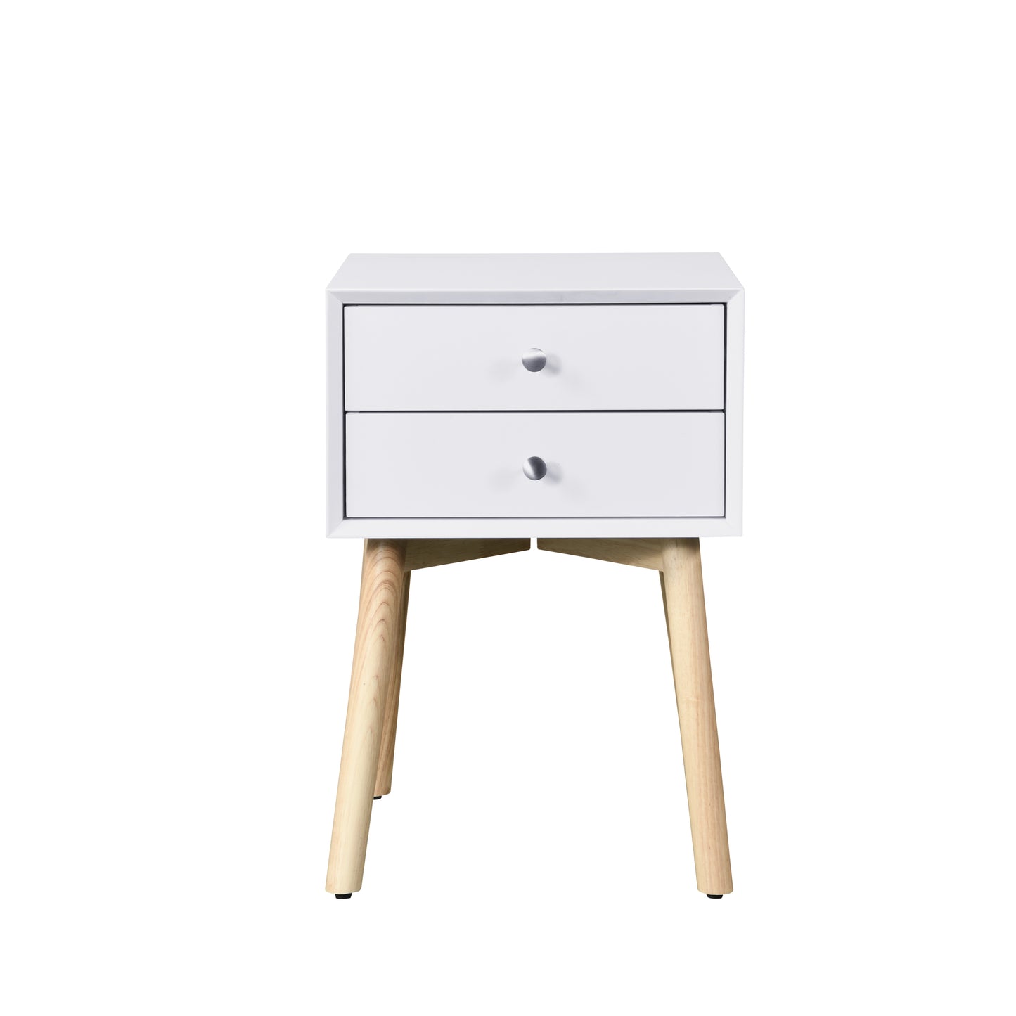 Side Table, Bedside Table with 2 Drawers and Rubber Wood Legs, Mid-Century Modern Storage Cabinet for Bedroom Living Room, White