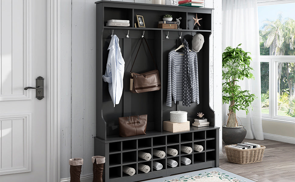 Modern Style Multiple Functions Hallway Coat Rack with Metal Black Hooks, Entryway Bench 60" Wide Hall Tree with Ample Storage Space and 24 Shoe Cubbies, Black