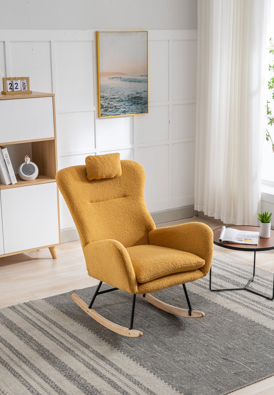 35.5 inch Rocking Chair, Soft Teddy Velvet Fabric Rocking Chair for Nursery, Comfy Wingback Glider Rocker with Safe Solid Wood Base for Living Room Bedroom Balcony (TURMERIC)