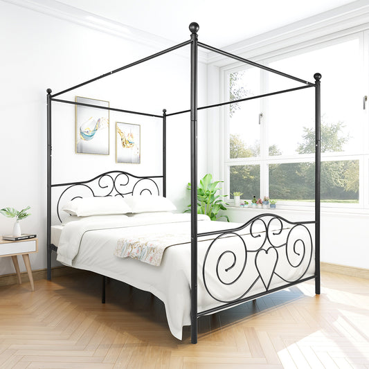 Metal Canopy Bed Frame with Vintage Style Headboard & Footboard Sturdy Steel Holds 600lbs Perfectly Fits Your Mattress Easy DIY Assembly All Parts Included, Queen Black