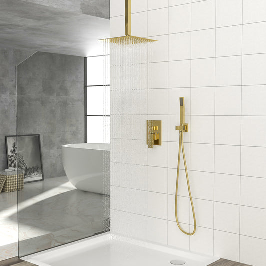 Dual Shower Head - 12 Inch Ceiling Mount Square Shower System with Rough-in Valve, Gold