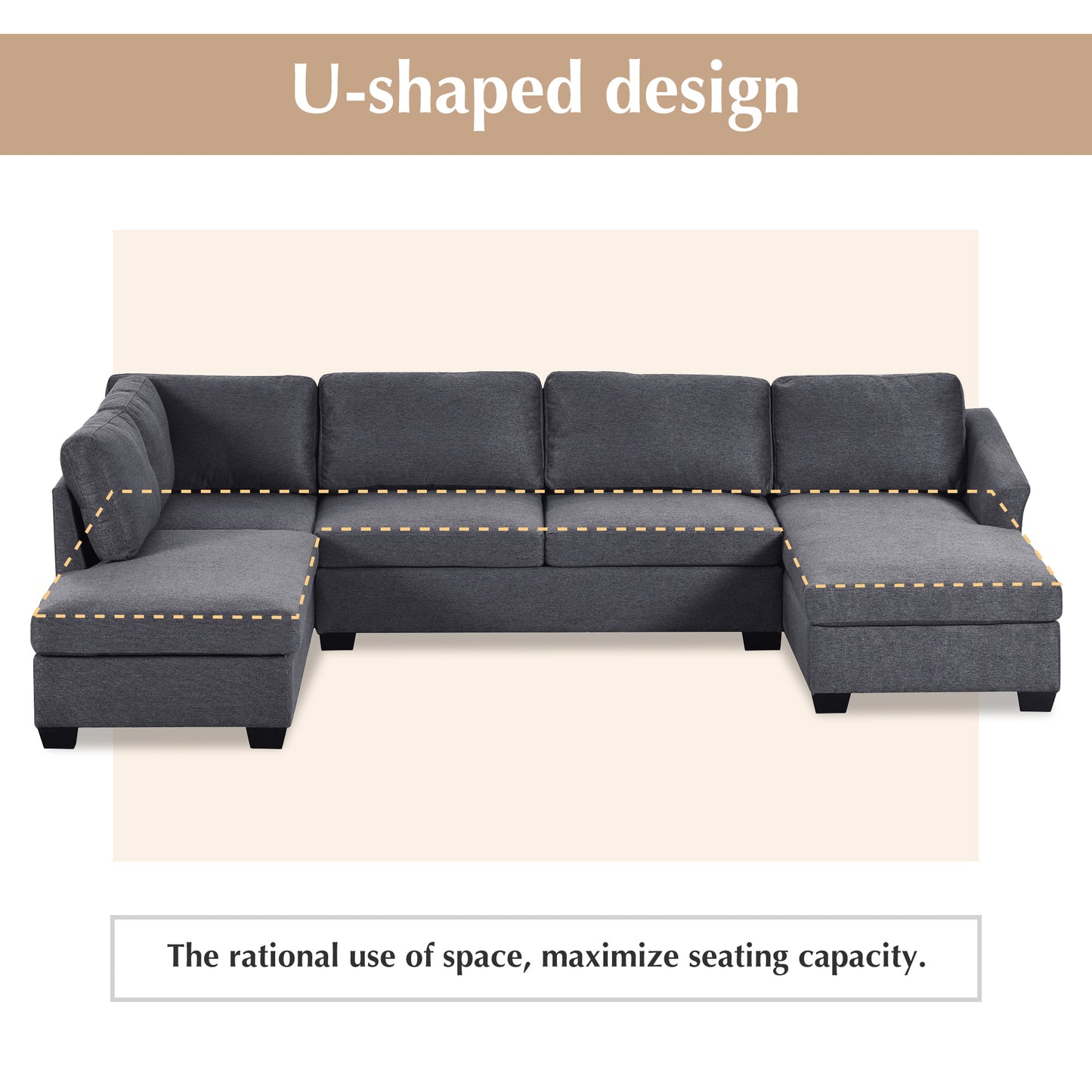 Modern Large U-Shape Sectional Sofa, Double Extra Wide Chaise Lounge Couch, Grey